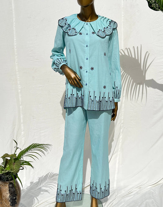 Studded Gathered Collar Shirt Set