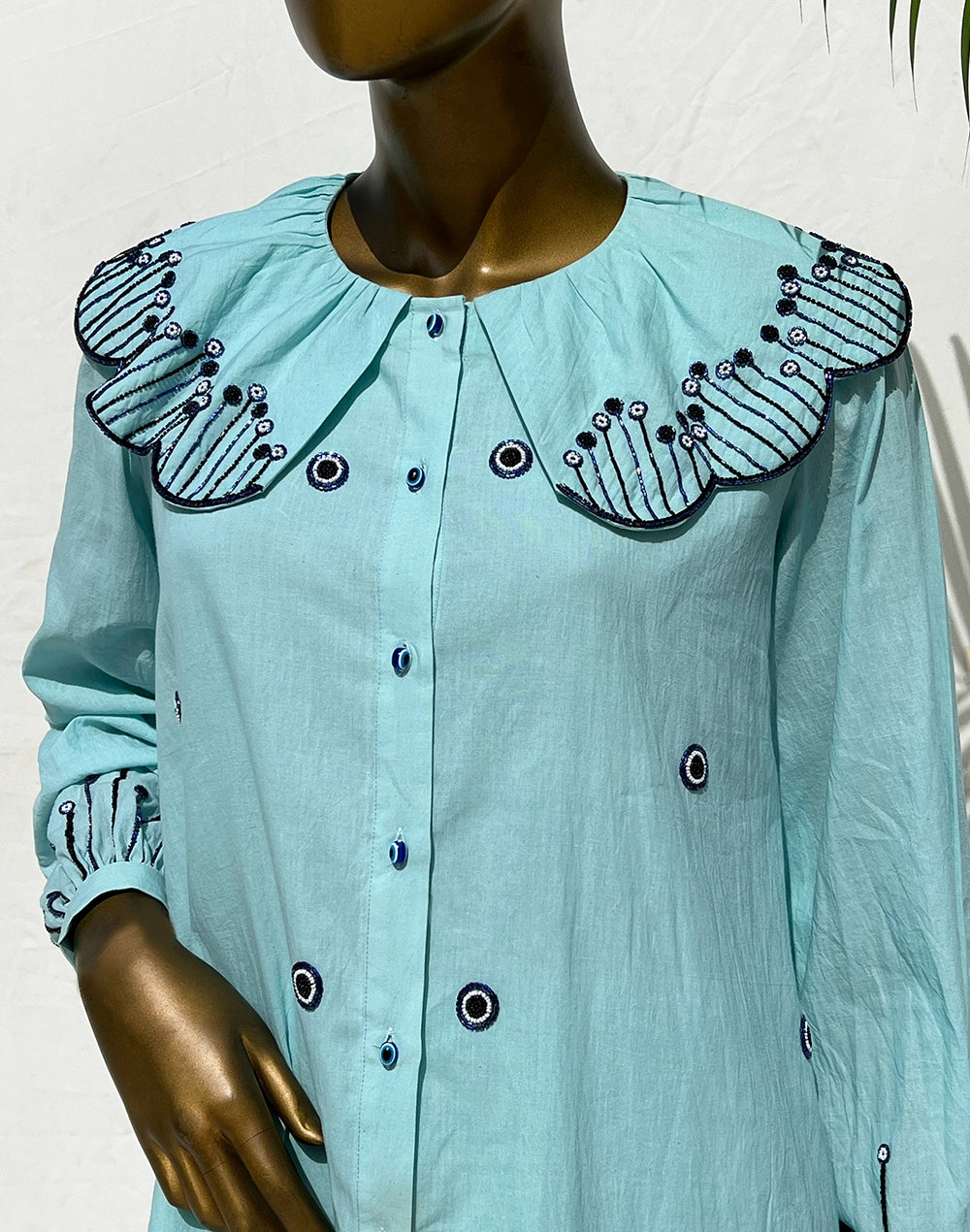 Studded Gathered Collar Shirt Set