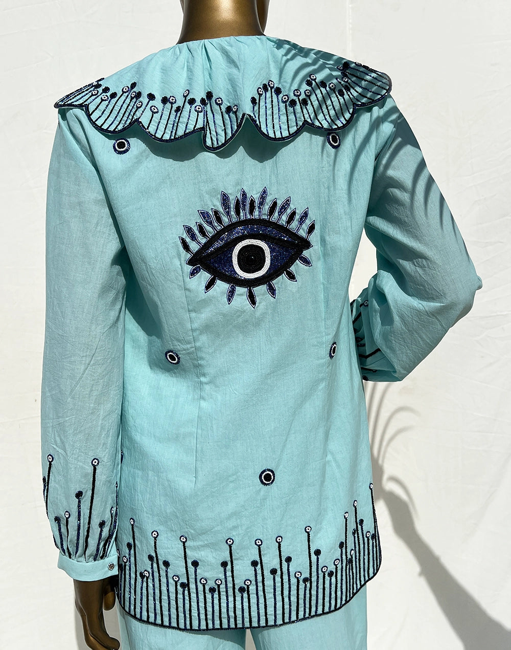Studded Gathered Collar Shirt Set