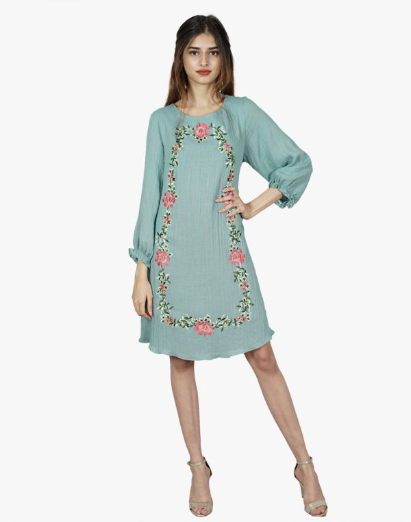 Allure Turquoise Green Floral Embroidered Dress