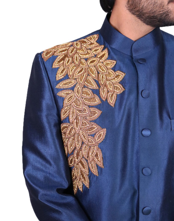 Blue Golden Cutdana Embroidered Bandhgala
