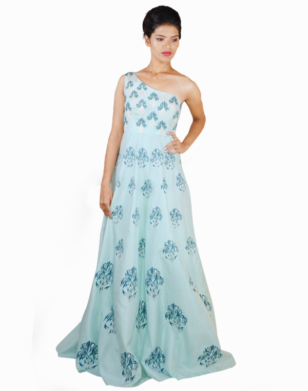 Light Blue One Shoulder Gown With Embroidery Over Print