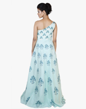 Light Blue One Shoulder Gown With Embroidery Over Print
