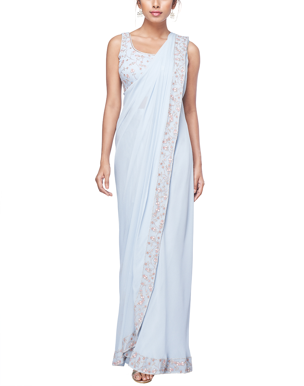 Tasuvure Indies Flavina Pre-draped Saree Gown | Blue, Sequin, Pleated, V  Neck, Sleeveless | Saree gown, Draped saree gown, Saree