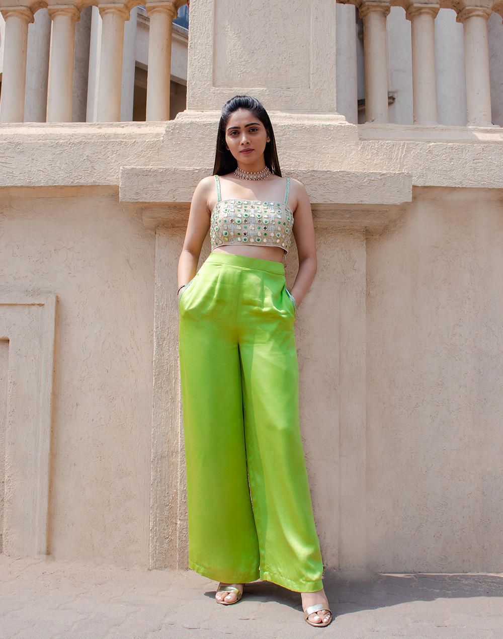 Green Color The Venus Bustier, Tunic & Pant Set
